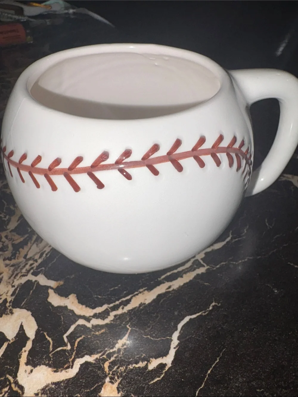 Russ Ceramic Baseball Mug - White with Red Stitching